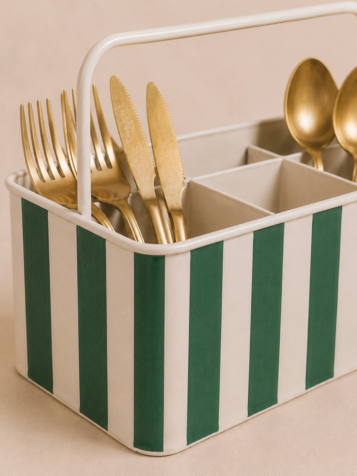 Organizador de Cubiertos de Metal con Rayas Verde Inglés y Blanco – 23 × 16 × 14 cm