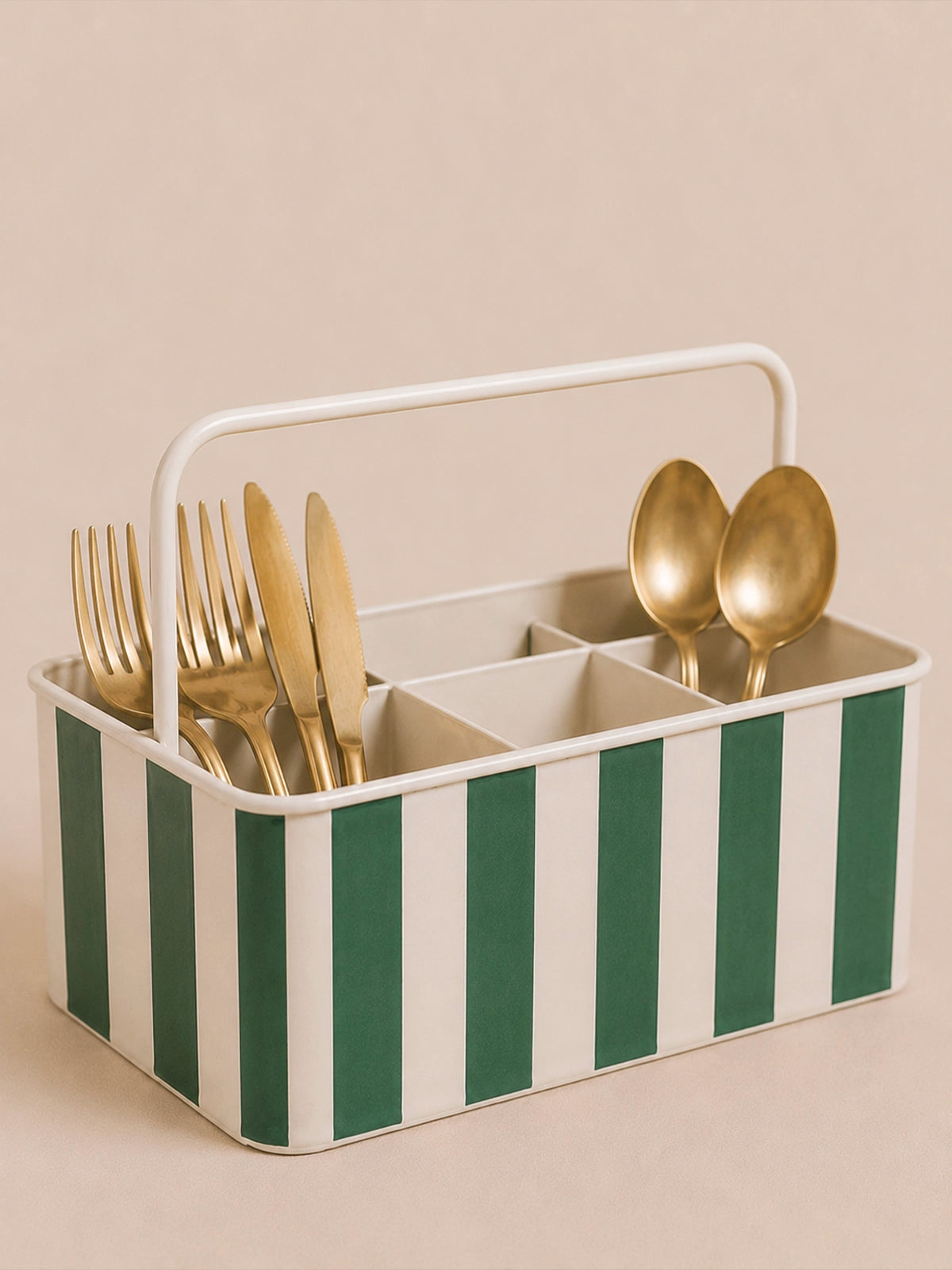 Organizador de Cubiertos de Metal con Rayas Verde Inglés y Blanco – 23 × 16 × 14 cm