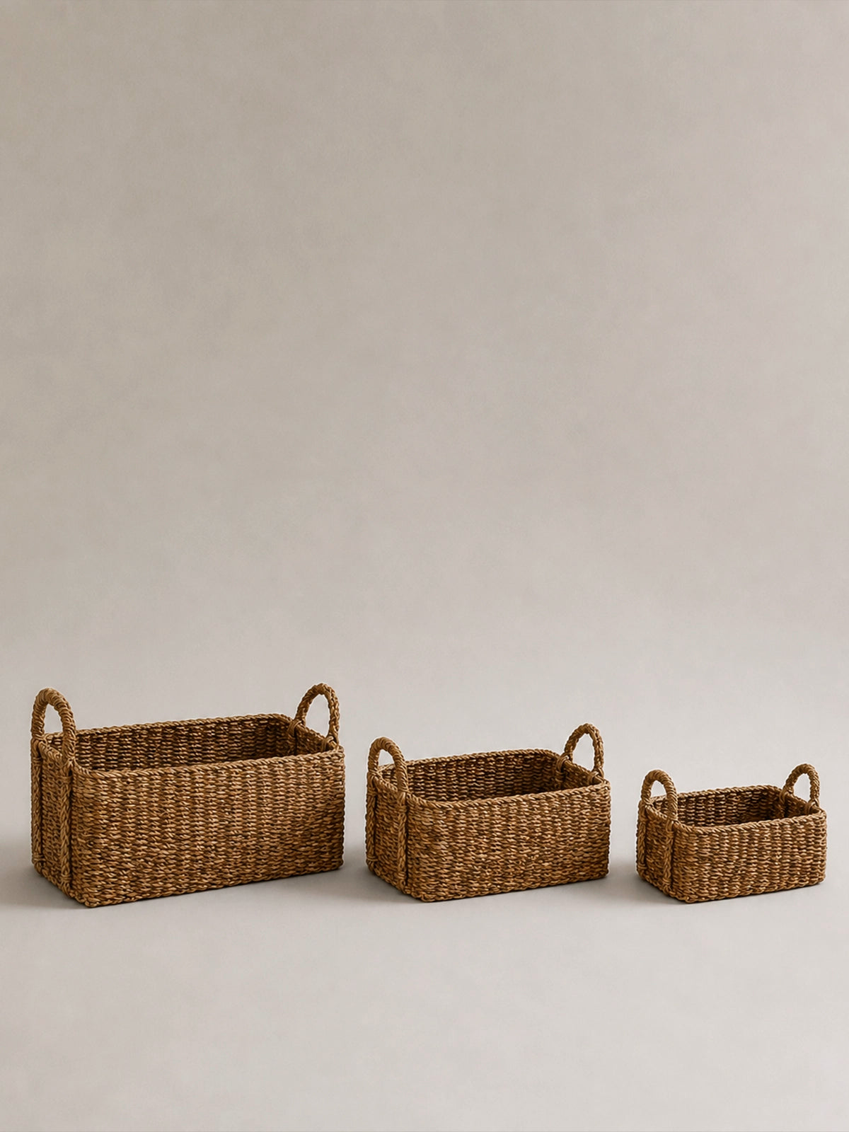 Set de 3 Cestas Rectangulares de Fibra Natural con Asas | Almacenaje Decorativo