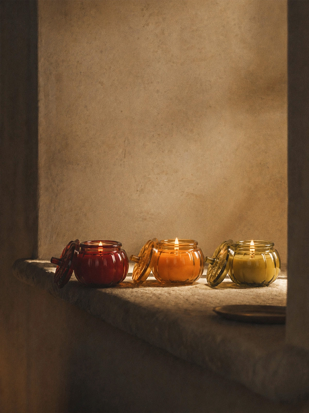 Juego de 3 Velas Calabaza de Cristal – Rojo, Naranja y Verde Oliva