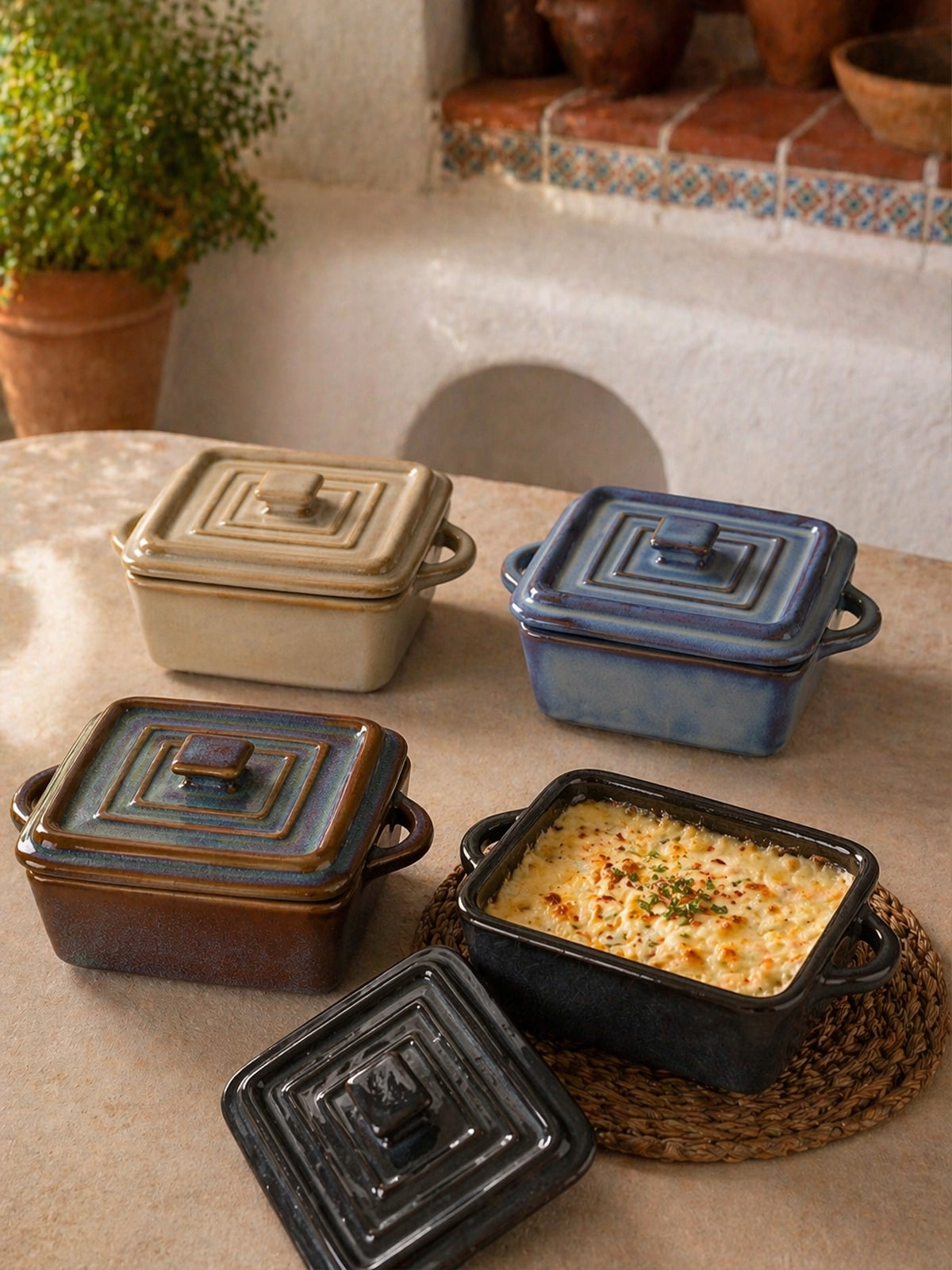 Set de 4 Mini Ollas de Cerámica con Tapa 14x10 cm | Cuencos para Aperitivos, Salsas y Guarniciones