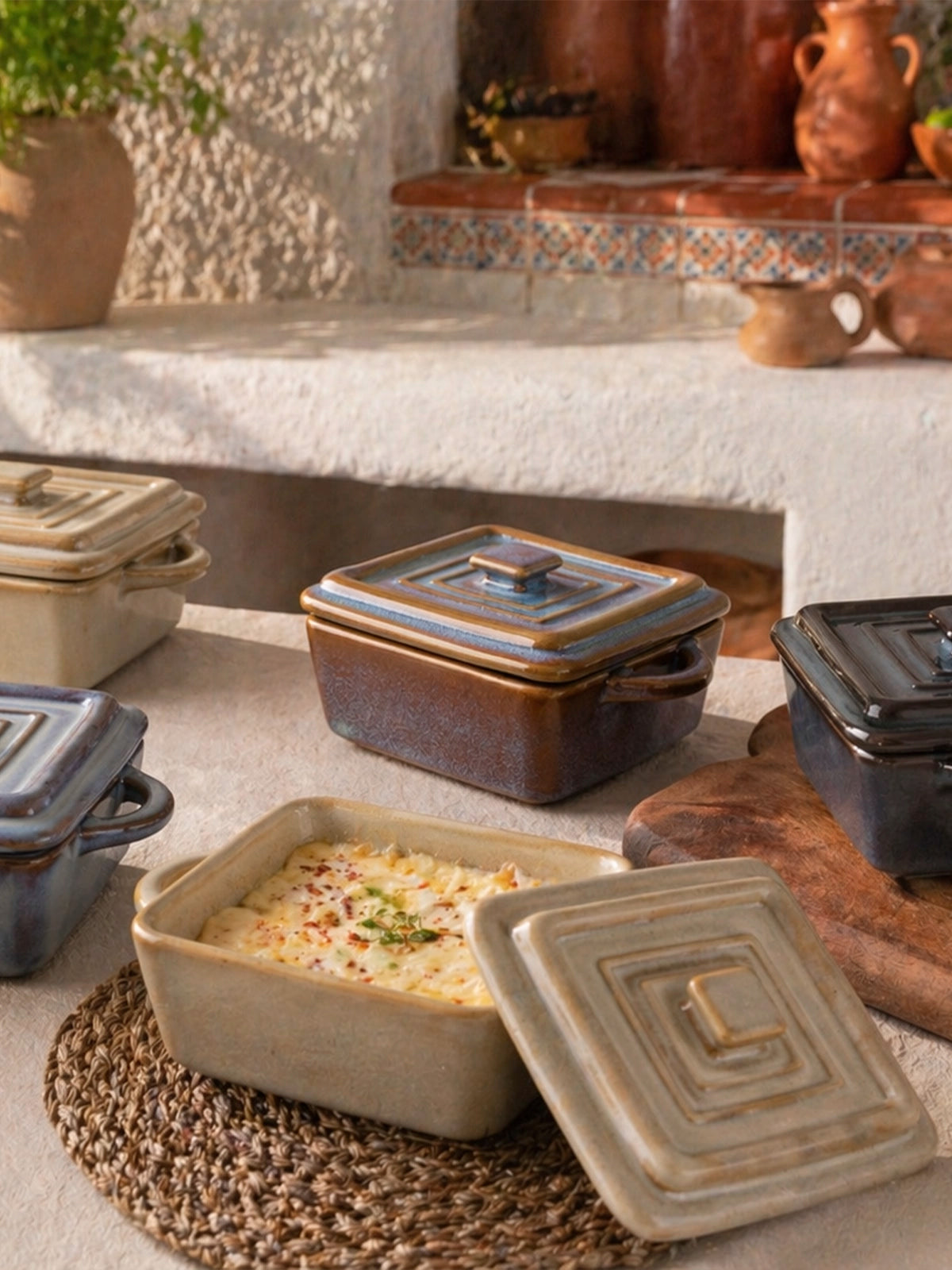 Set de 4 Mini Ollas de Cerámica con Tapa 14x10 cm | Cuencos para Aperitivos, Salsas y Guarniciones