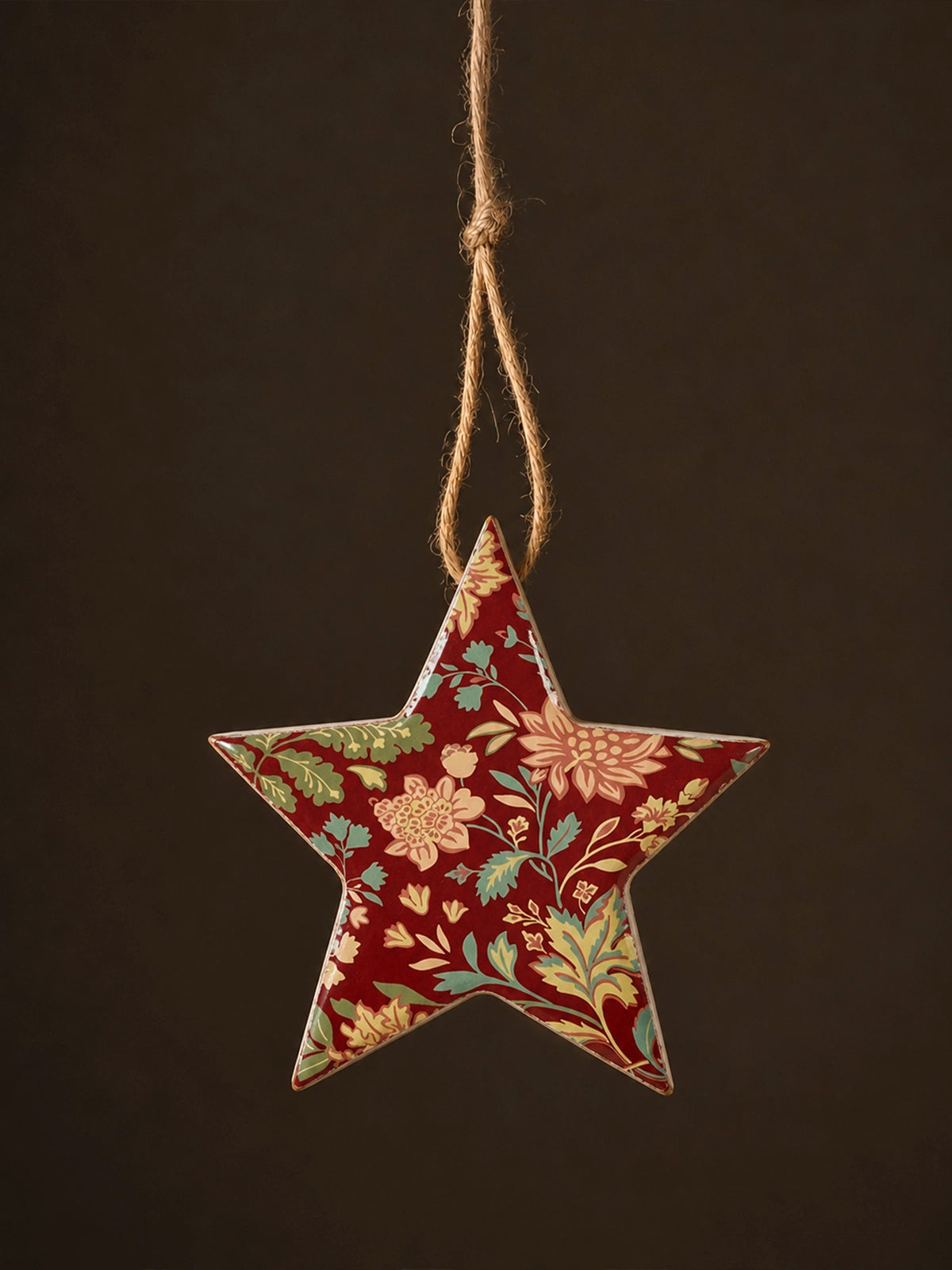 Set de 6 Estrellas Navideñas Colgantes de Madera de Mango – Burdeos Floral 11 × 11 cm