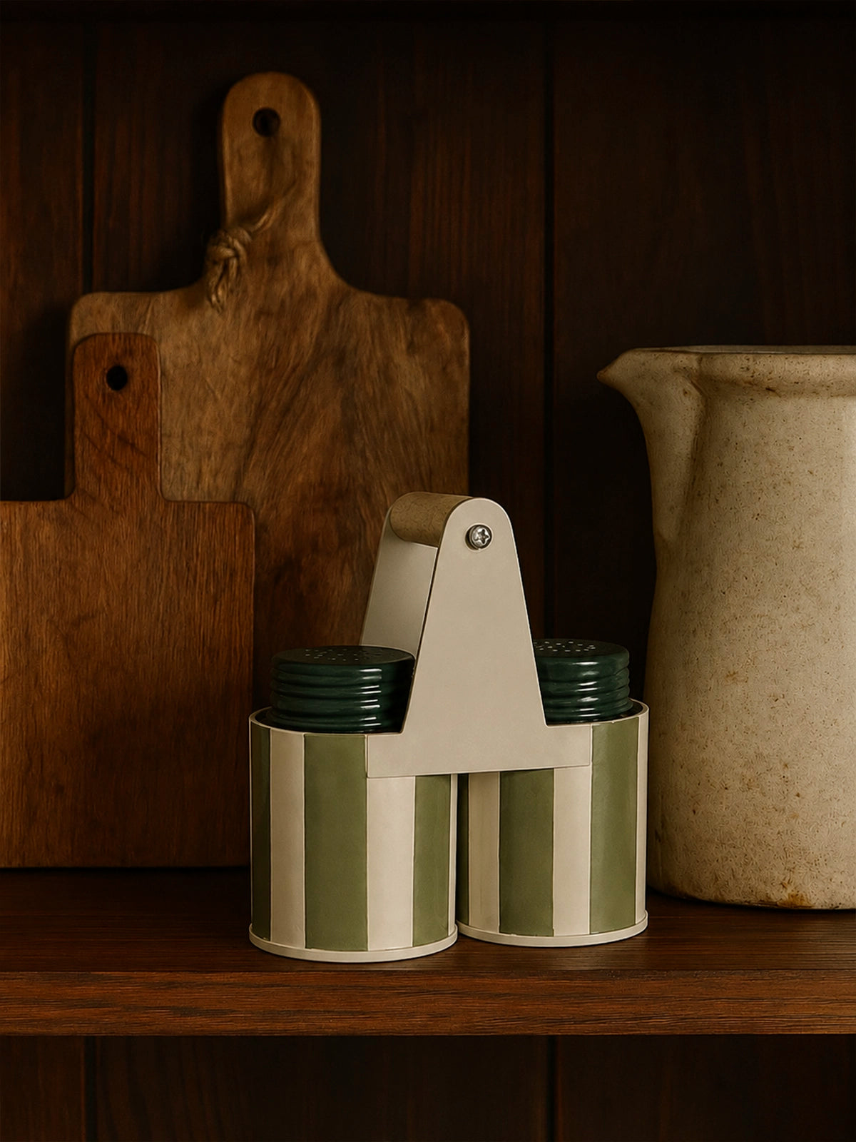 Set Salero y Pimentero de Metal con Rayas Verde Agua y Blanco – 13 × 7 × 15 cm