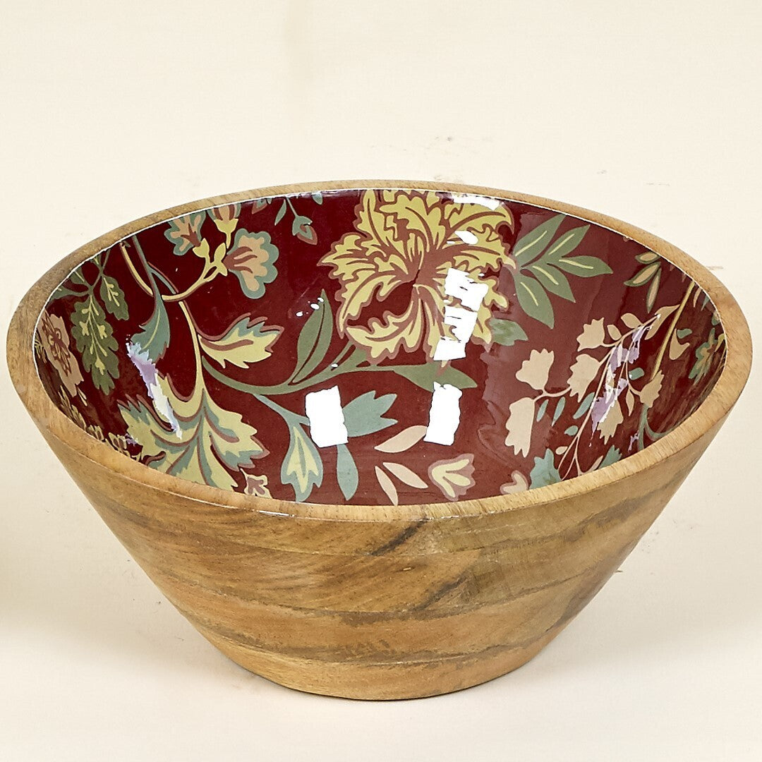 Bol grande de madera de mango con estampado de flores en color burdeos