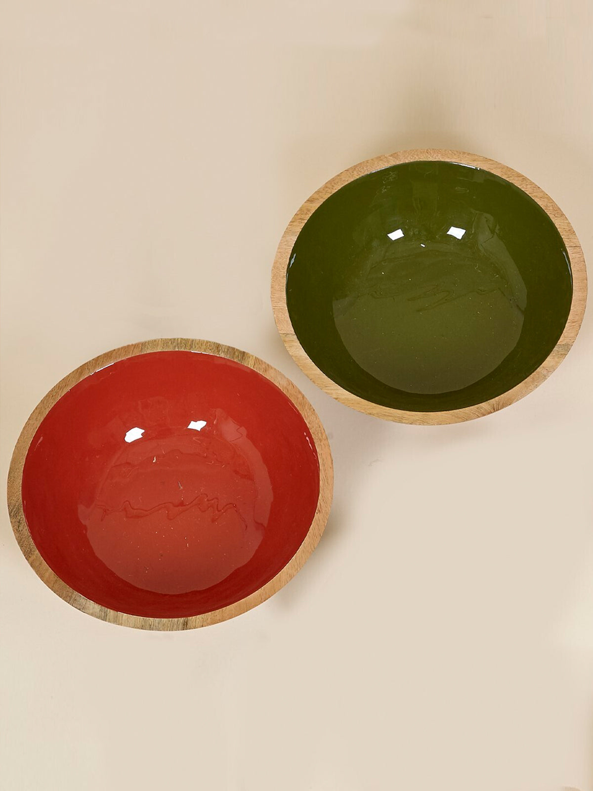 Bol centro Adriana madera de mango en verde oliva y terracota