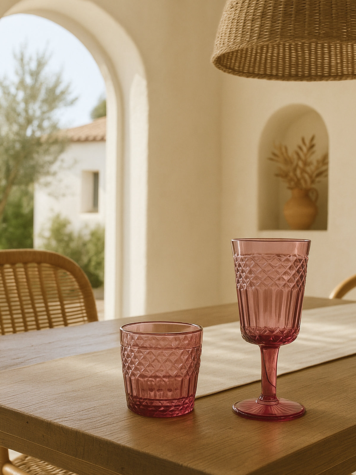 Juego de 12 vasos de cristal grabado color malva colección Rosé Mediterráneo