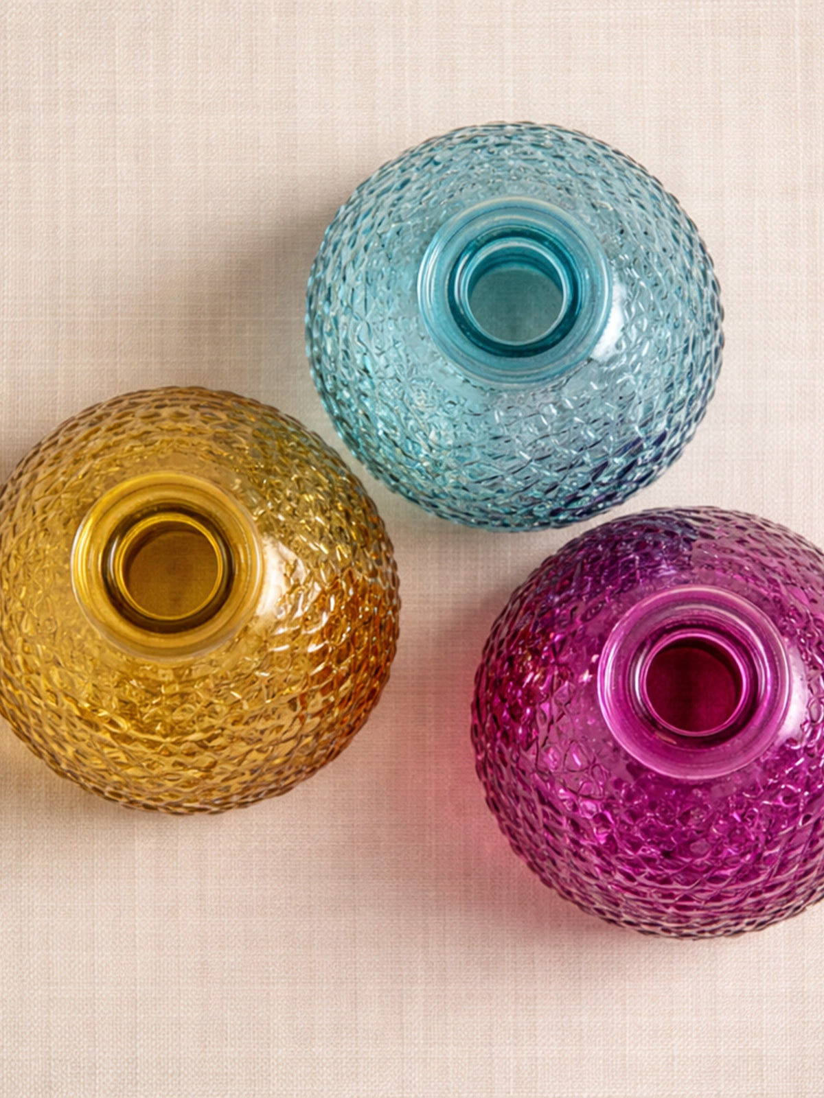 Juego de 3 botellitas decorativas Granada multicolor de vidrio reciclado 12 cm — set sostenible sin plomo