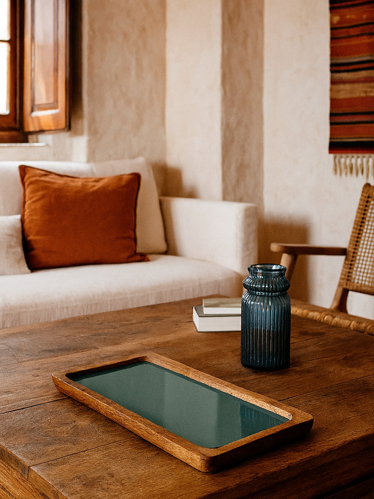 Jarrón azul plomo vidrio reciclado ondas oceano