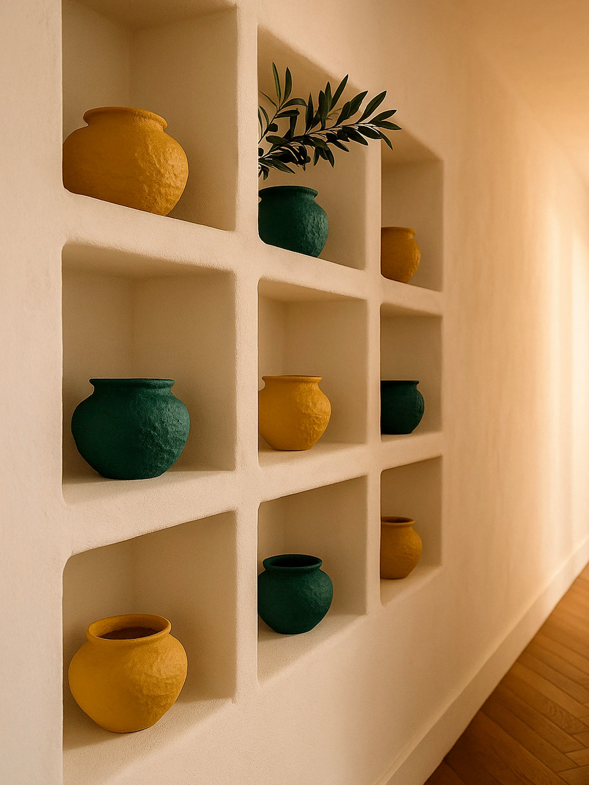 Jarrón tela maché sostenible en color mostaza y verde esmeralda