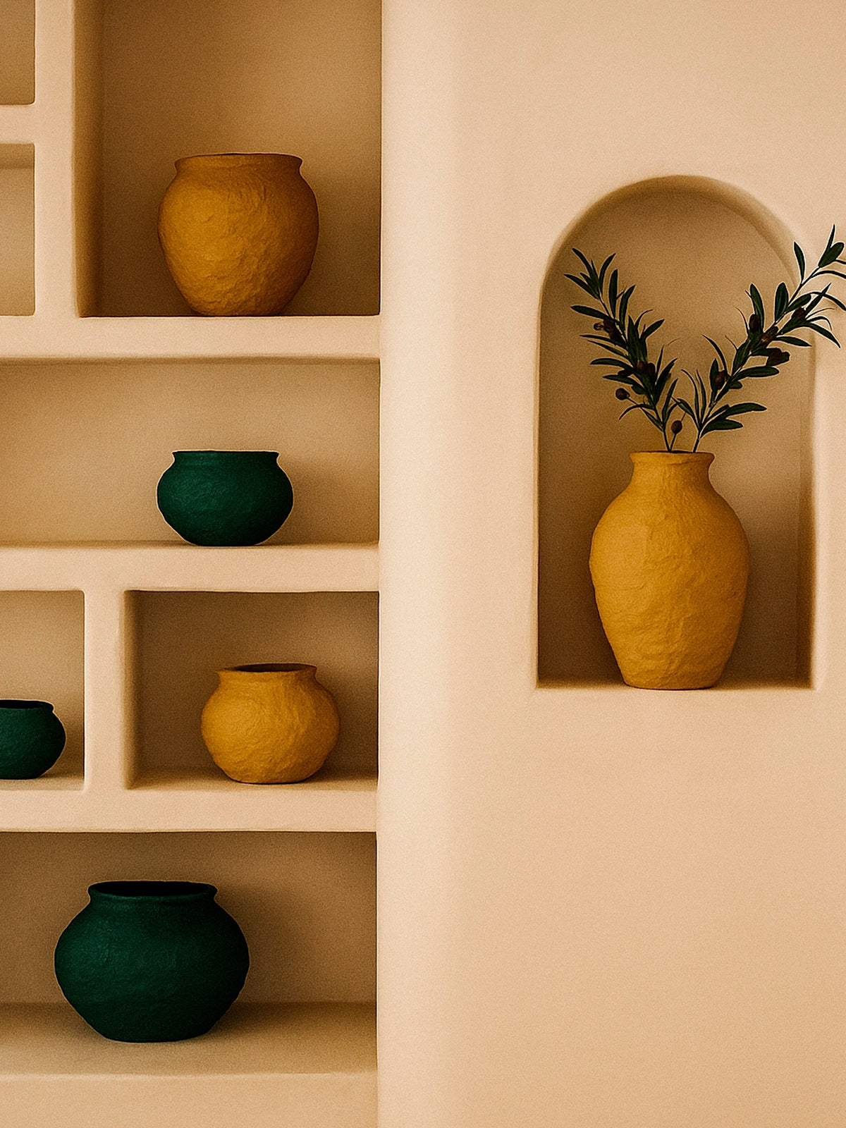 Jarrón tela maché sostenible en color mostaza y verde esmeralda