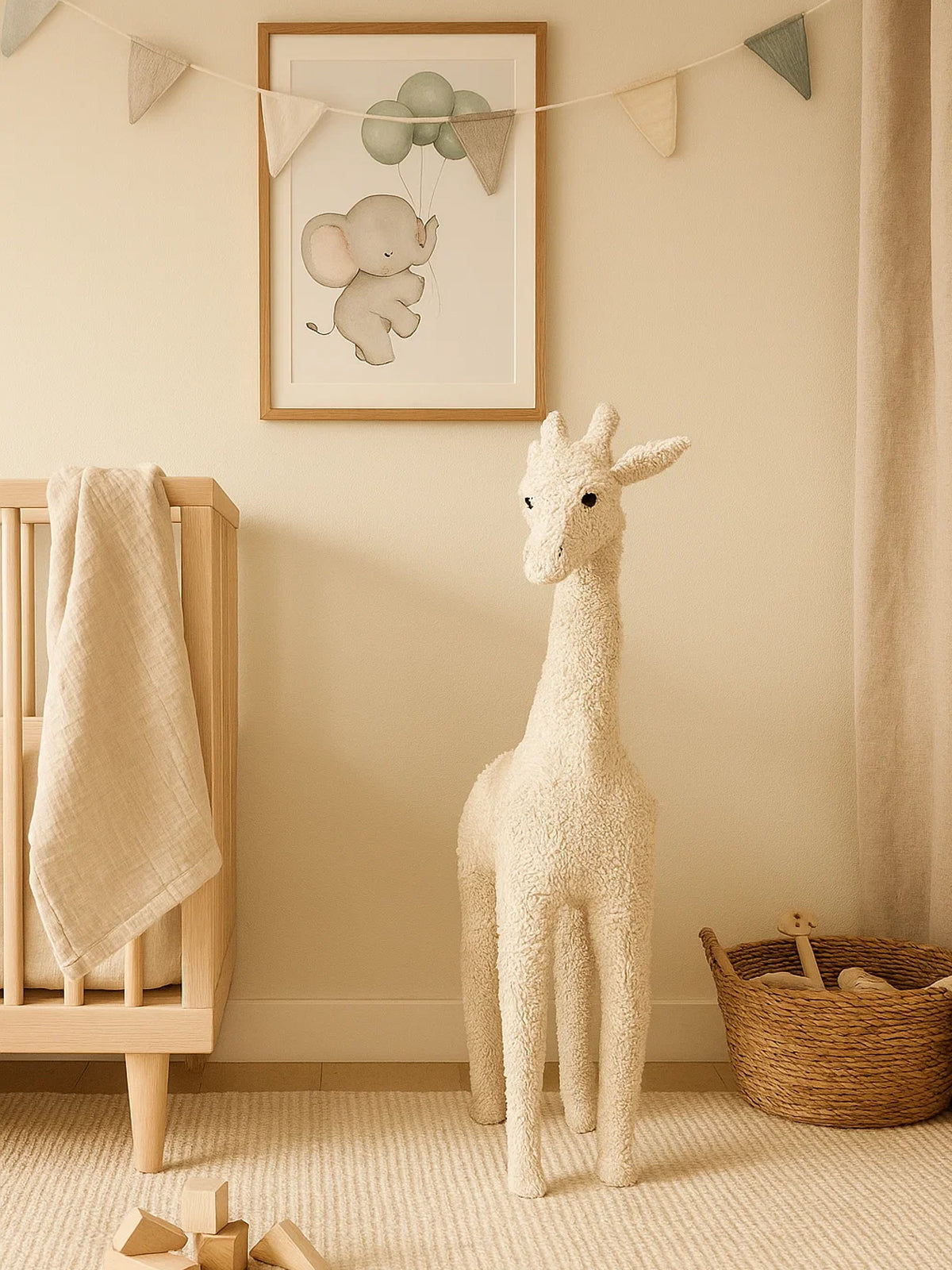 Figura jirafa blanca de borreguito en papel mache y forrada de yute hecha a mano