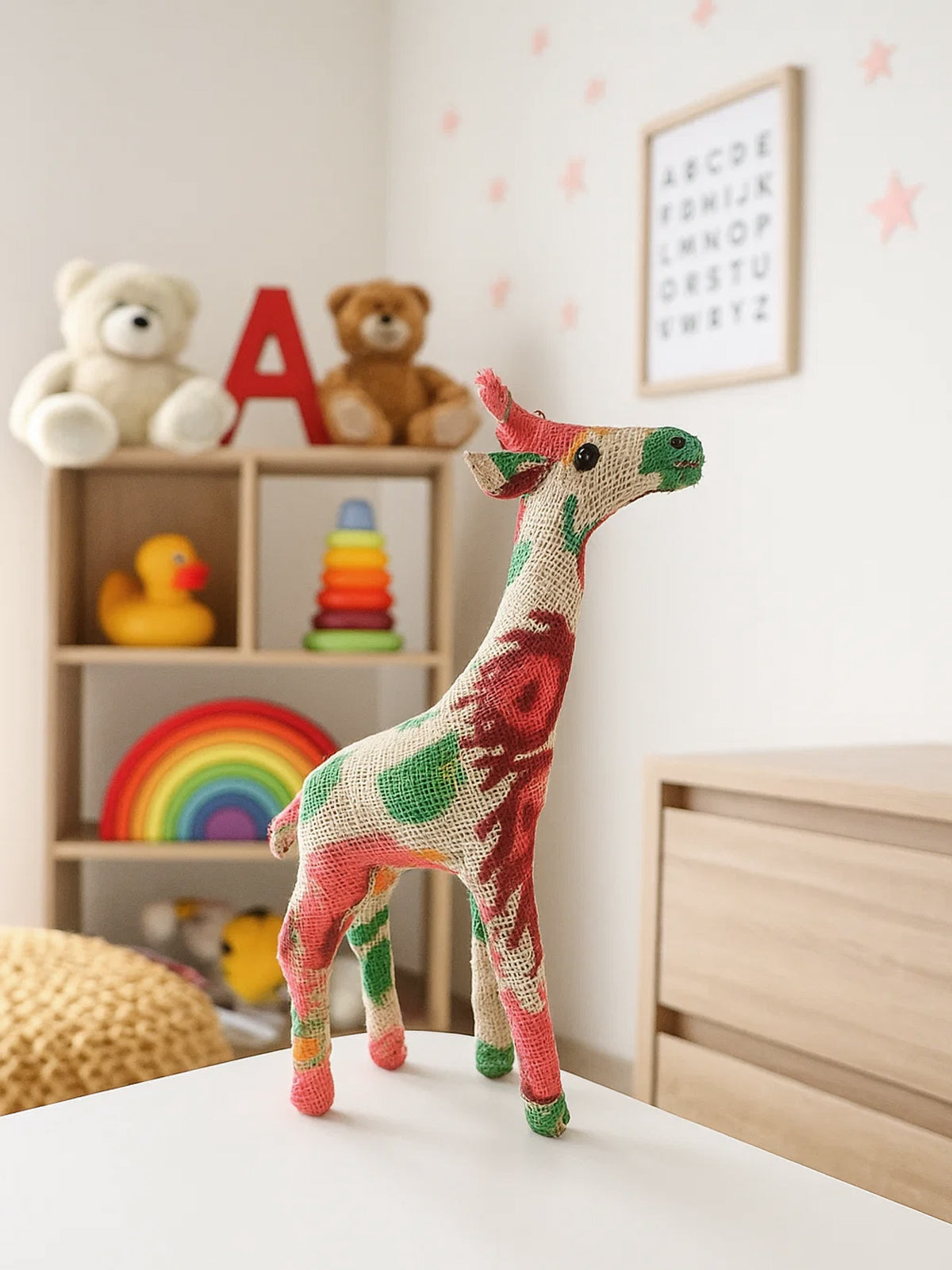 Figura jirafa de flores en papel mache y forrada de yute con tintes naturales hecha a mano