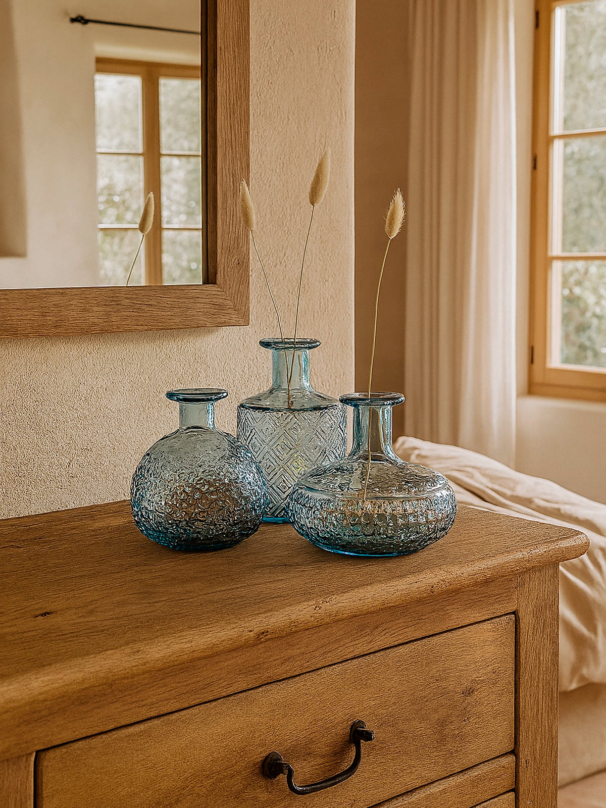 Juego de 3 botellitas Granada azul de vidrio reciclado