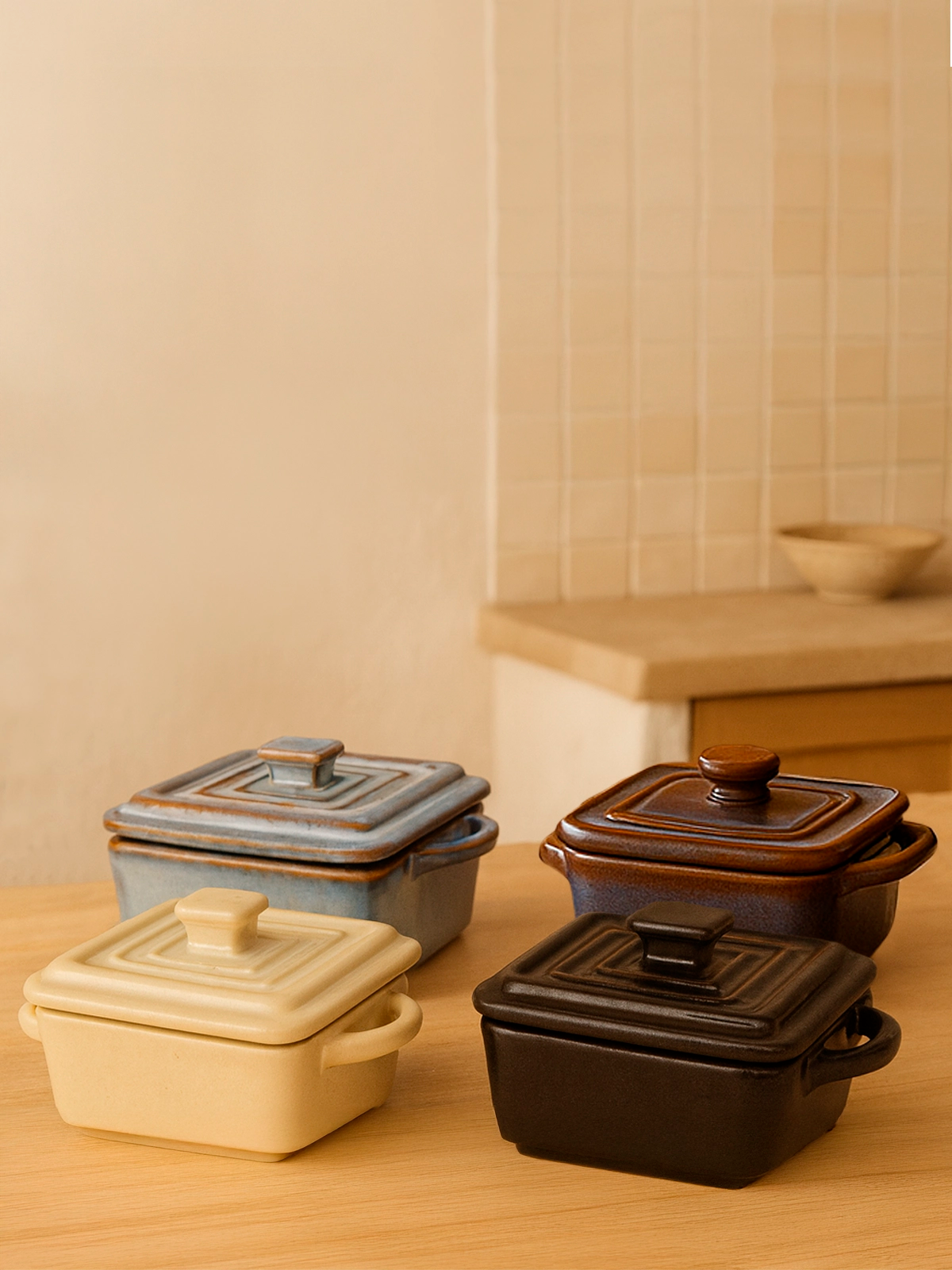 Juego de 4 mini ollas con tapa de gres 18x13,5cm