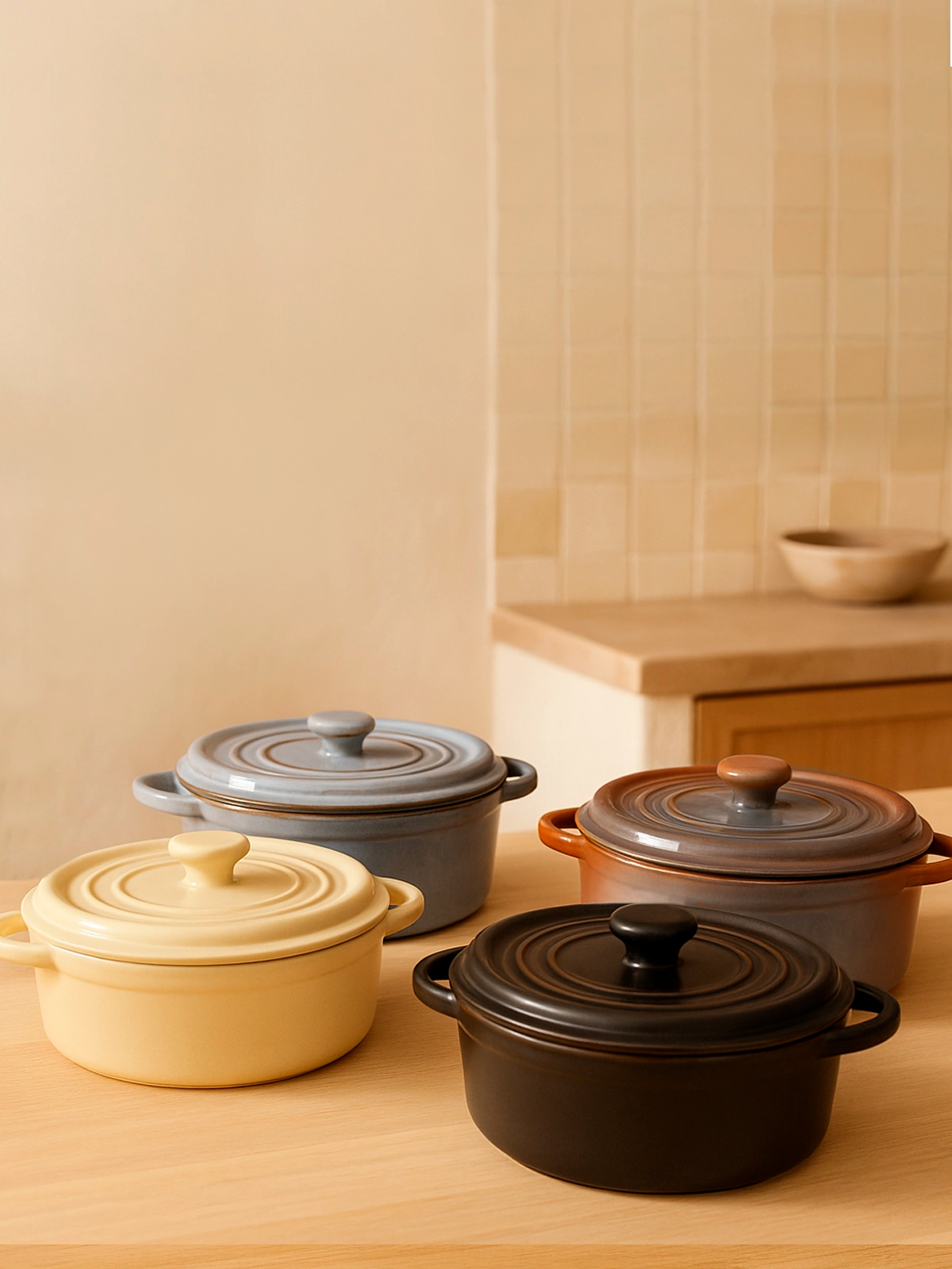 Juego de 4 mini ollas con tapa de gres 18x13,5cm