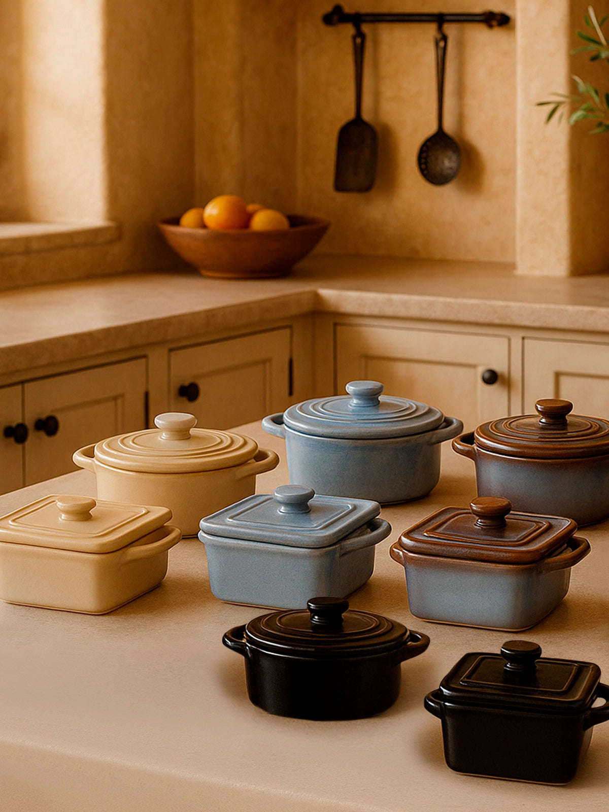 Juego de 4 mini ollas con tapa de gres 18x13,5cm