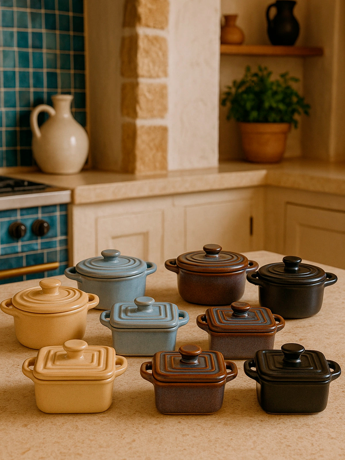 Juego de 4 mini ollas con tapa de gres 14x10cm